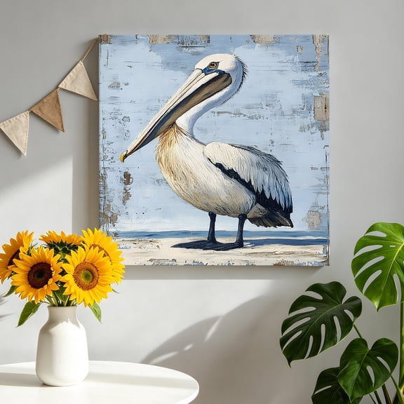Canvas Wall Art Summer Ocean Canvas Art Print Watercolor Pelican Oil Painting Pictures Wall Decor for Living Room Bedroom Artwork Decorations Stretched Framed Ready to Hang 8"x8"