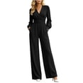 thumbnail image 2 of Sunnin Womens Jumpsuit Solid Color V Neck Long Sleeve Pleated Waist Wide Leg Jumpsuit Comfortable, 2 of 6
