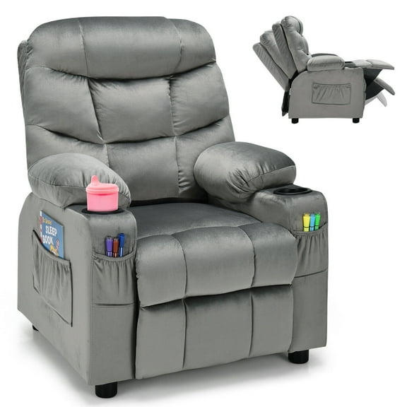 Gymax Kids Youth Recliner Chair Velvet Fabric w/Cup Holder & Side Pocket Grey