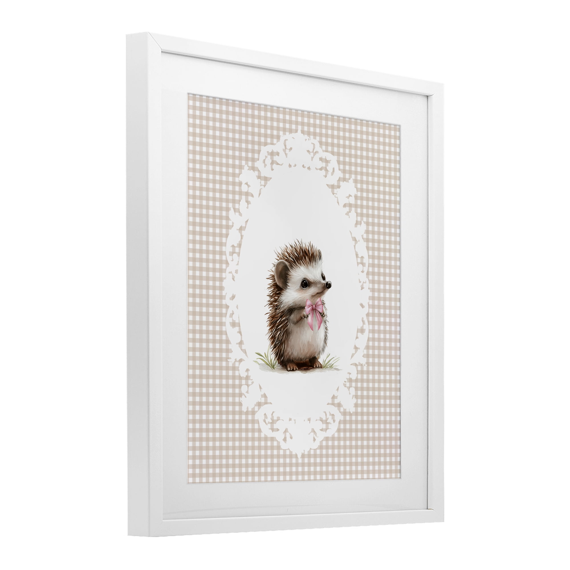 Stupell Industries Vintage Bow Hedgehog on Gingham White Framed Print Under Glass, design by Christine Simpson Art
