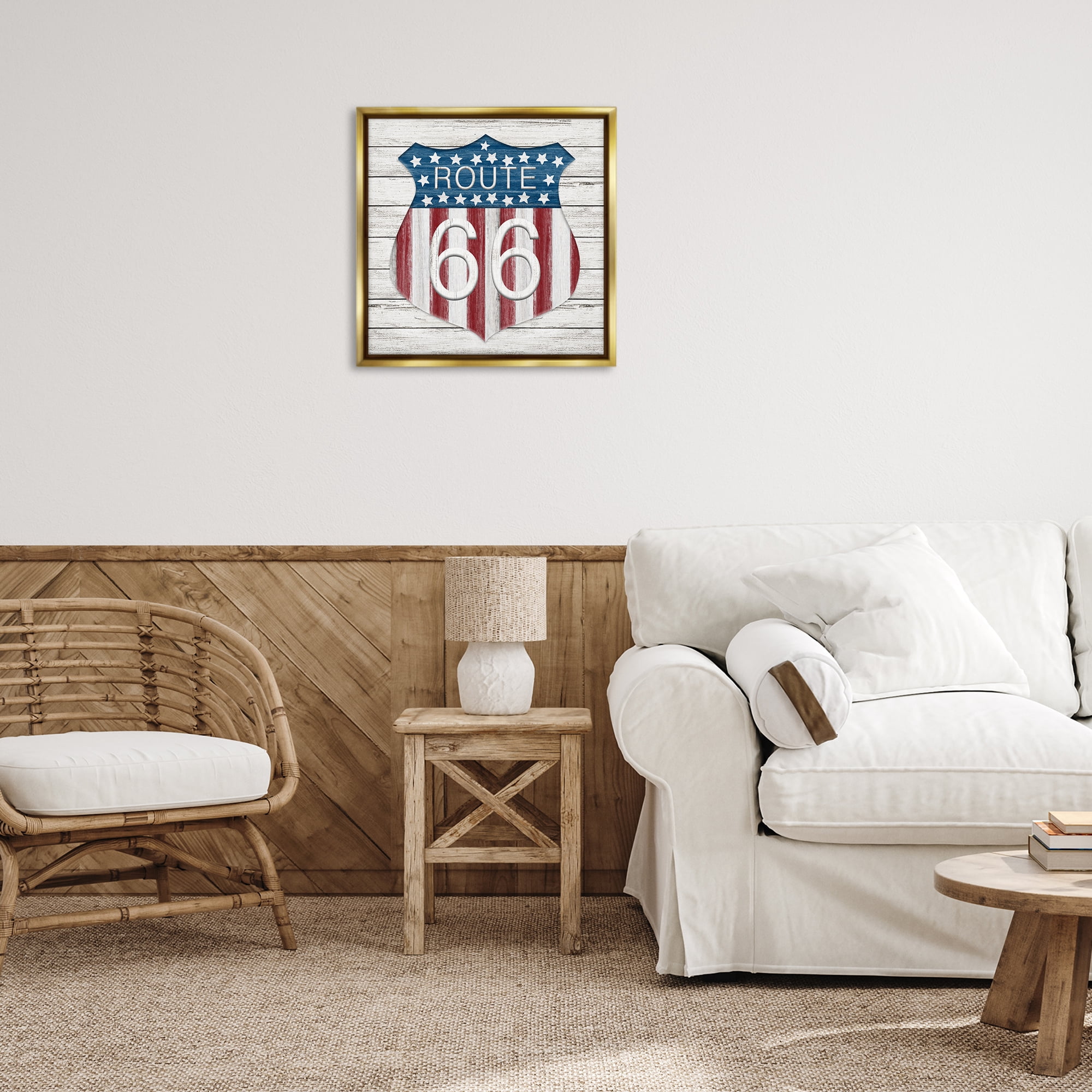 Stupell Industries Rustic Route 66 Patriotic Painting Gold Floater Framed Canvas Art Print Wall Art, 25 x 25