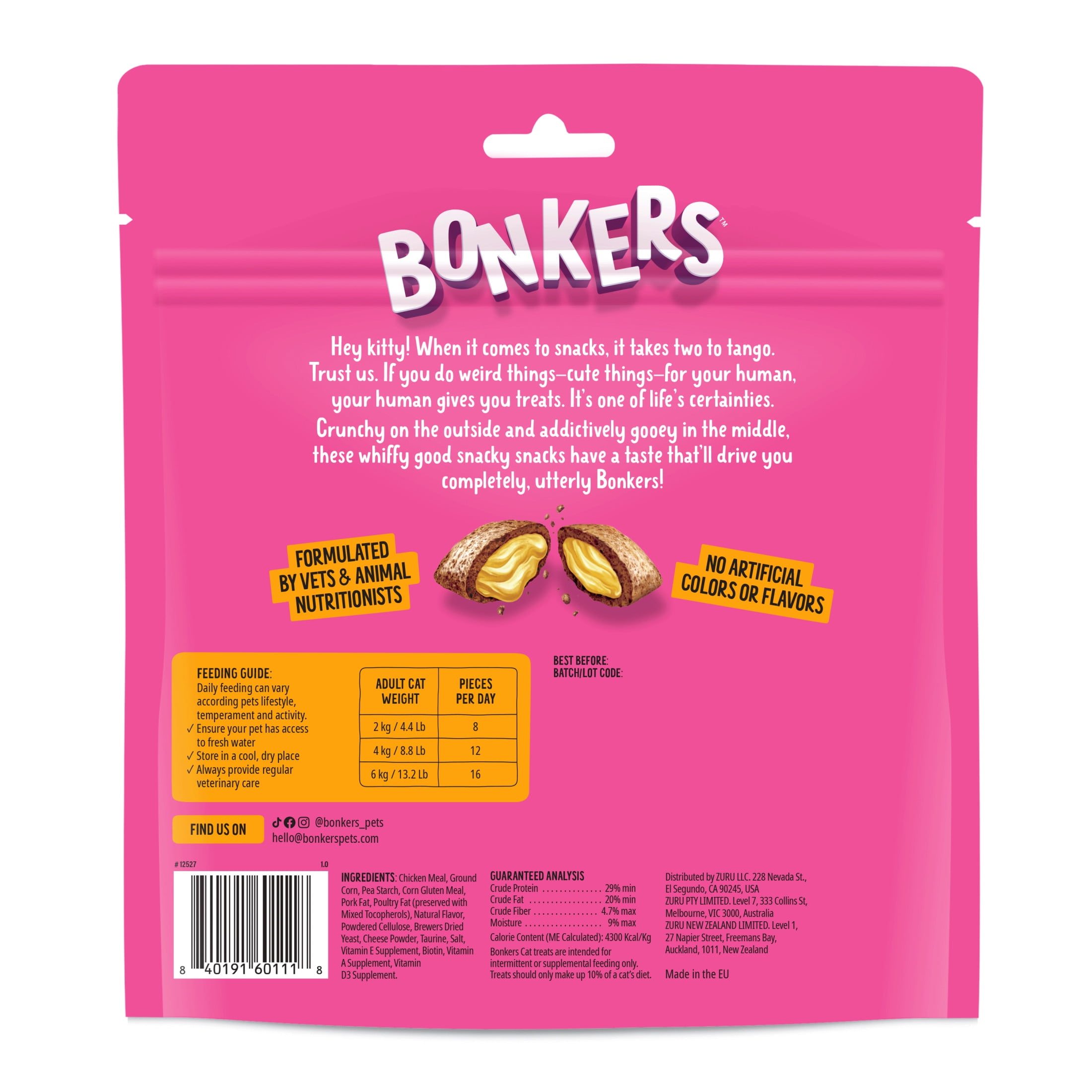 (4 pack) BONKERS Bites Paw Lickin' Chicken Flavor Crunchy & Soft Treats for Cats, 12oz Bag