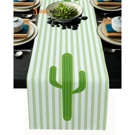 

Stripe Green Cactus Succulent Printed Table Runner Wedding Party Table Decor Placemat Coffee Kitchen Tablecloth Mat
