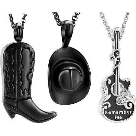 3 Pack Urn Necklaces for Ashes Music Guitar / Cowboy Boot / Cowboy Hat Cremation Jewelry Keepsake Memorial Urn Necklace for Women Men Keepsake Pendant Memorial Urn Jewelry