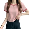 thumbnail image 2 of Camiseta de manga corta cuello redondo Color de contraste versátil moda mujer Casual verano Top, 2 of 8