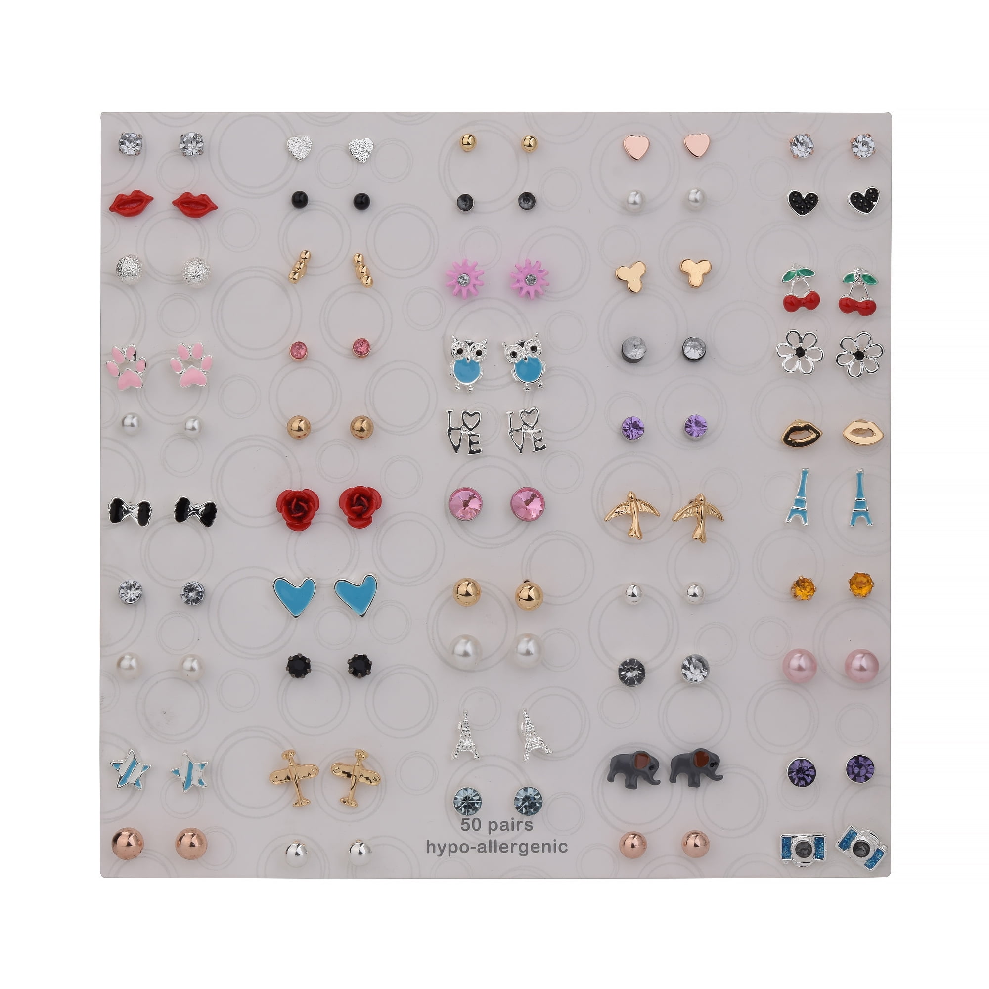 Wonder Nation Female Cherry Multicolored Variety Stud Earring Set, 50 Pack