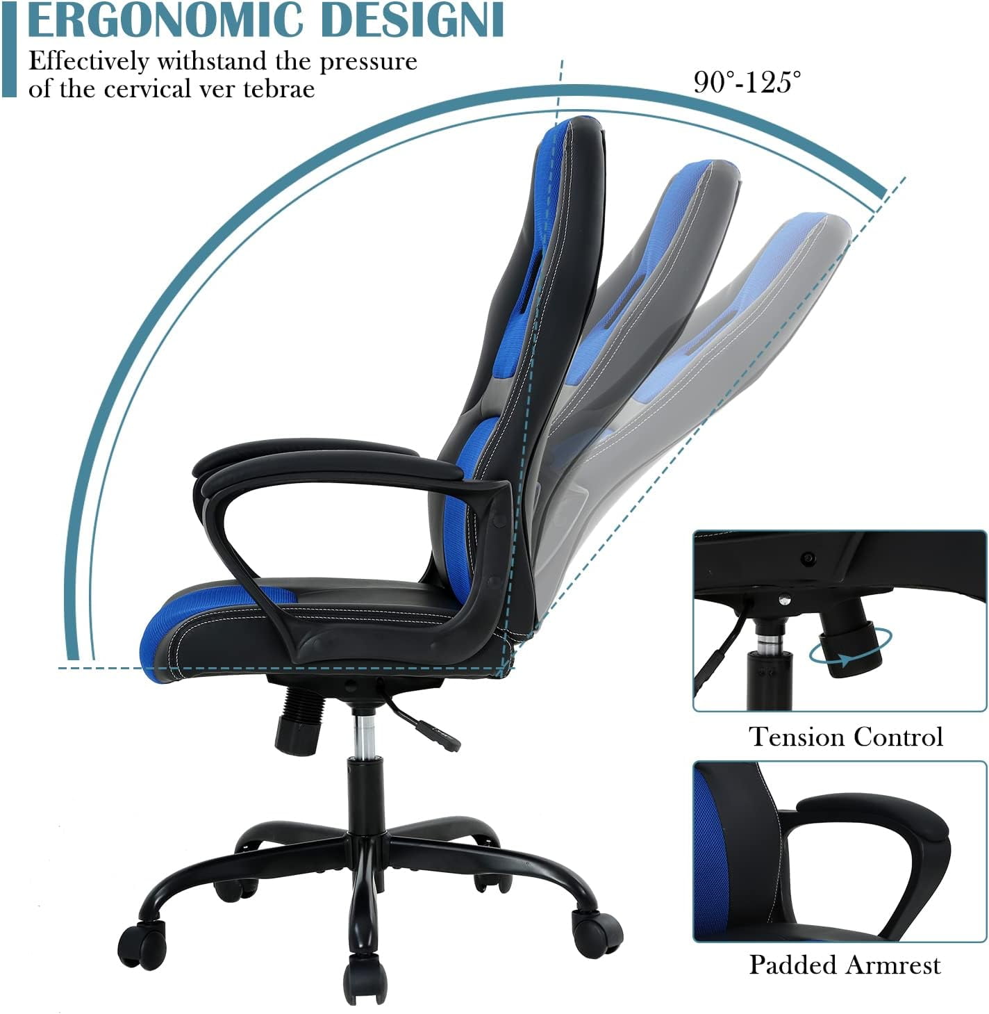 Dkelincs Gaming Chair PC Computer Desk Chair Ergonomic Adjustable Gamer Chair with Lumbar Support Armrest, Blue