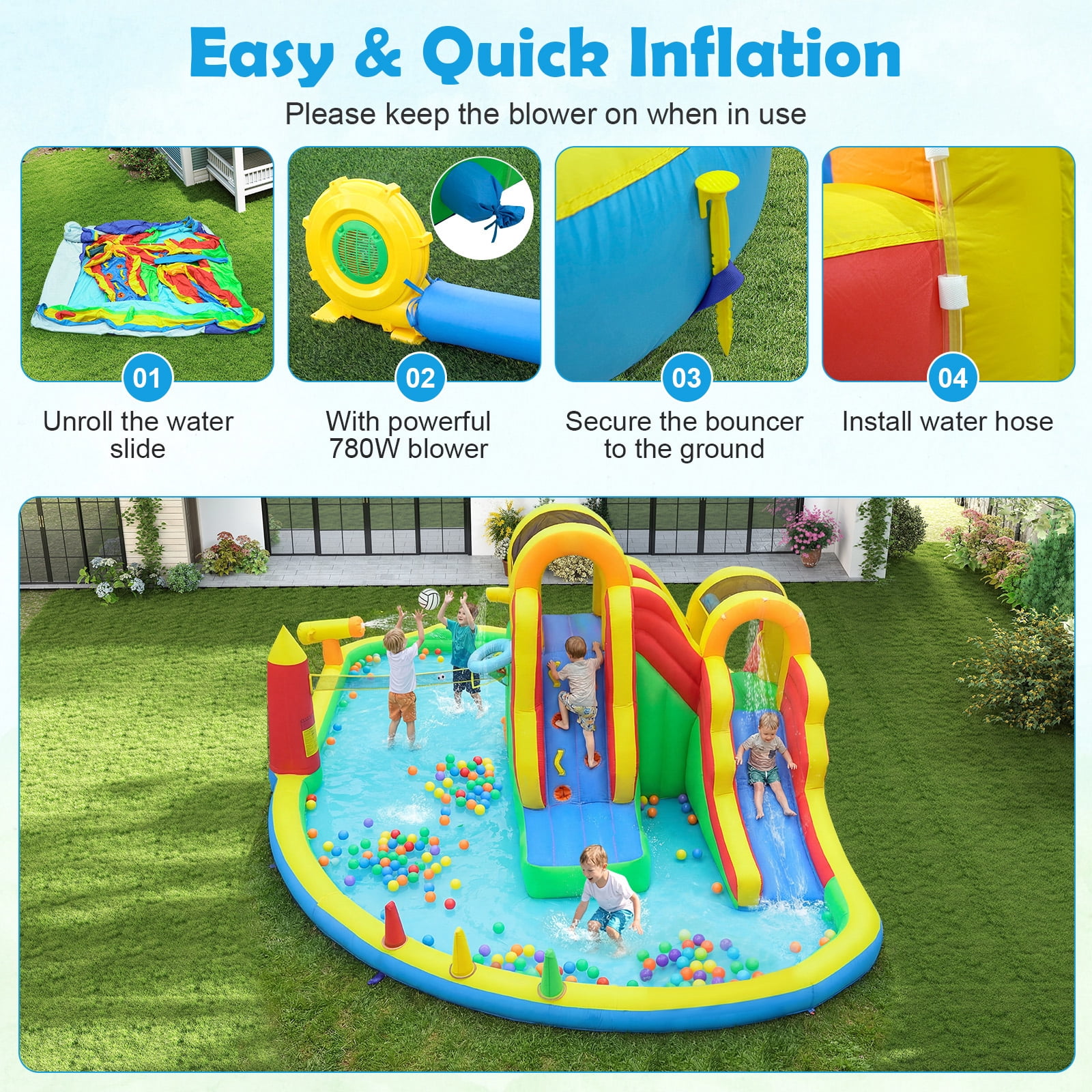 Gymax Inflatable Water Slide Park w/2 Long Slides Climbing Walls Splash Pool Blower