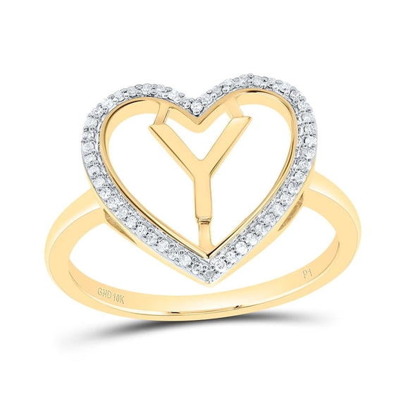 10K Yellow Gold Diamond Women's Block Letter Y Initial Heart Frame Ring 1/10 CT