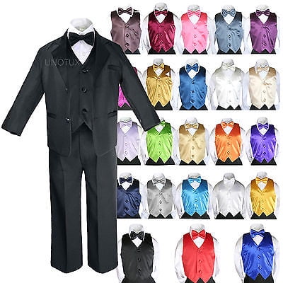 

Baby Kid Teen Boys Formal Party 7pc Black Suits Tuxedo Color Satin Vest Tie S-20