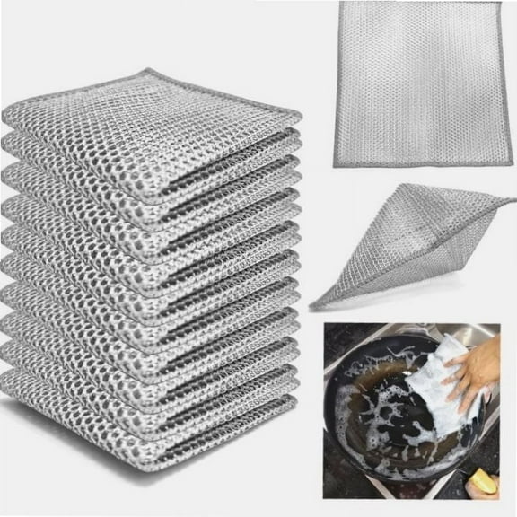Double Layer Metal Wire Dishcloths - Scratch-Free, Wet & Dry Use for Kitchen, Cookware & Stove (10PCS)