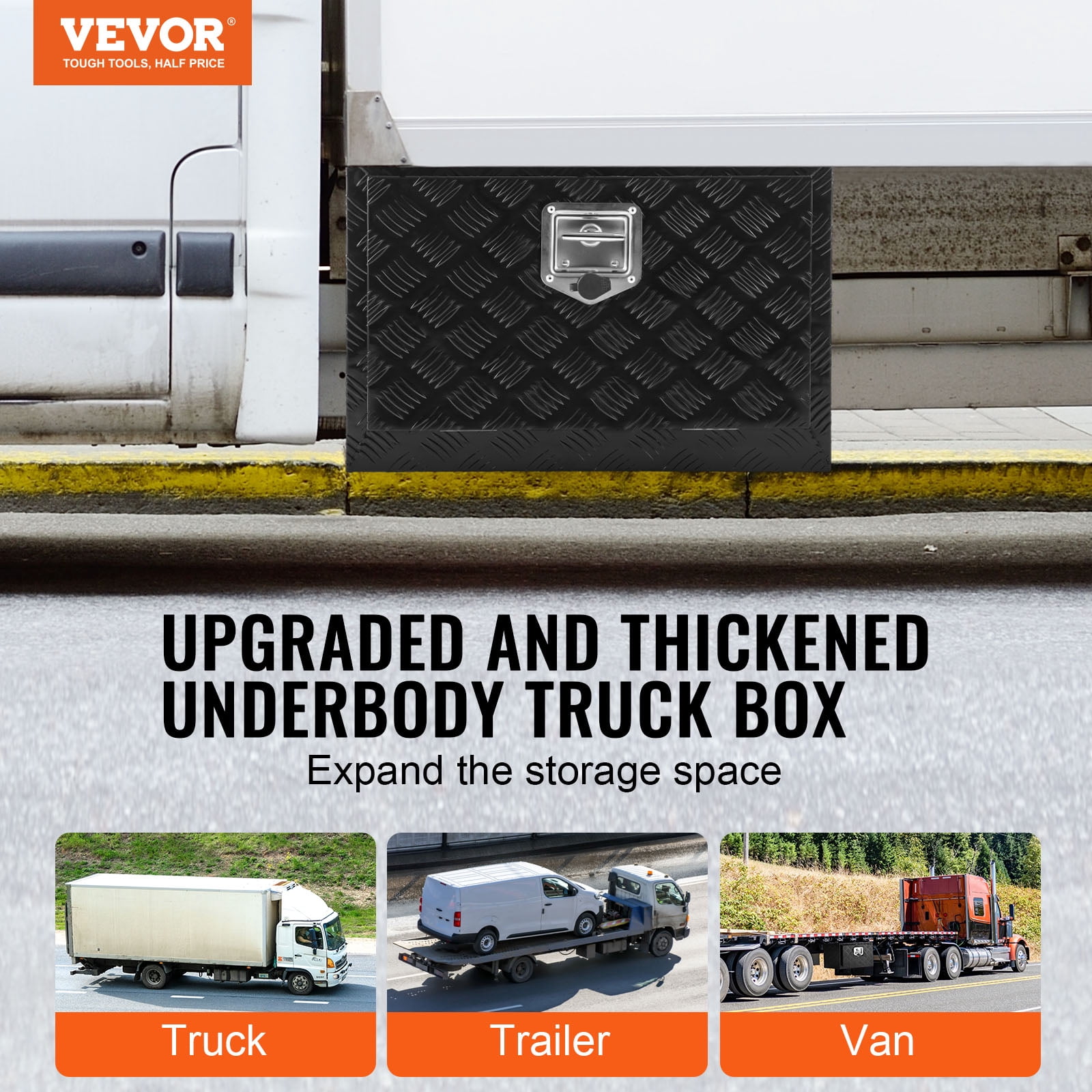 VEVOR Underbody Truck Box, 24" x 12" x 14" Pickup Storage Box, Heavy Duty Aluminum Diamond Plate Tool Box with Lock and Keys, Waterproof Trailer Storage Box with T-Handle Latch for Truck, Van,Trailer