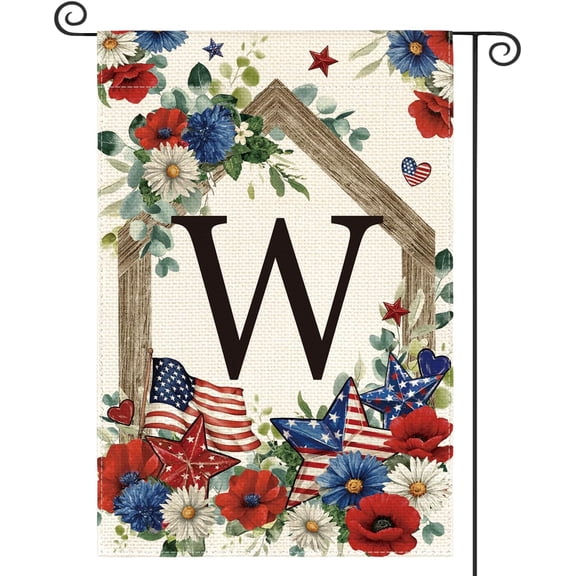 Monogram W Patriotic Garden Flag, Double Sided Outdoor Yard Decoration, 12 x 18 Inch Floral Design for Memorial Day and 4th of July