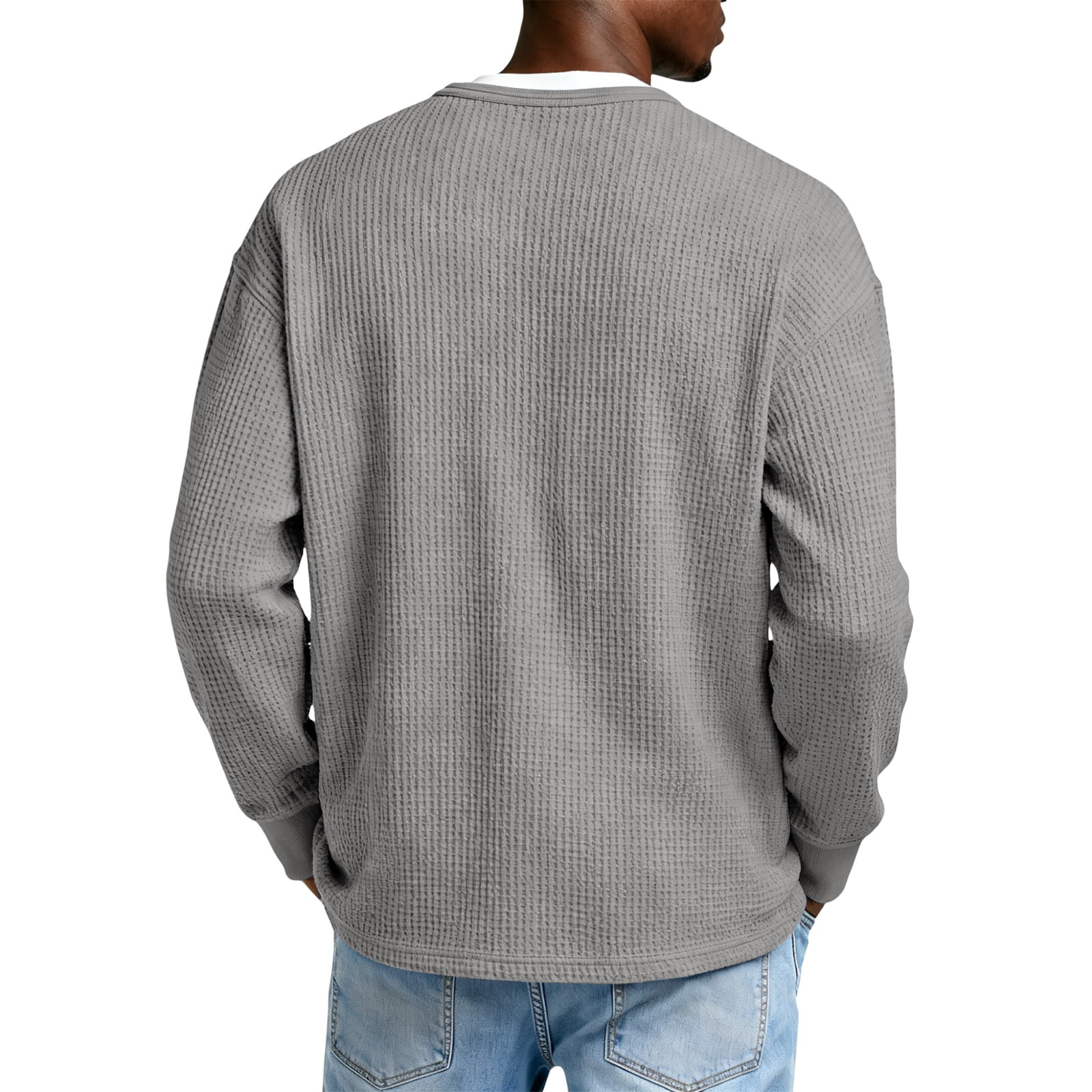 【GRAY】Henry neck waffle L/S Men's Fashion Waffle Henry Shirt Long Sleeve Crewneck Textured
