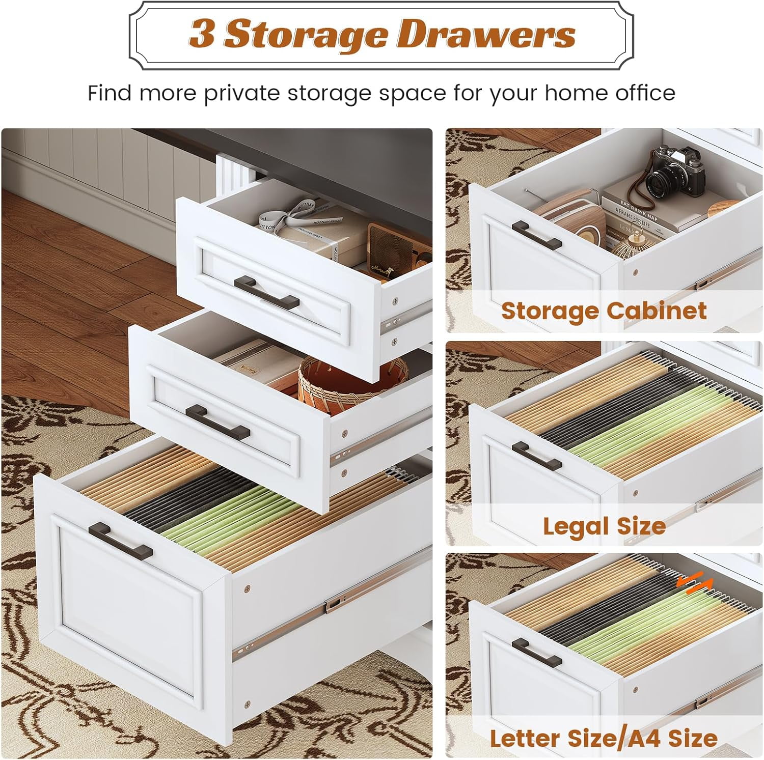 L Shaped Office Desk with Large Workspace & Charging Station, Wood Desk with 4 Drawers & Cabinet, White & Black