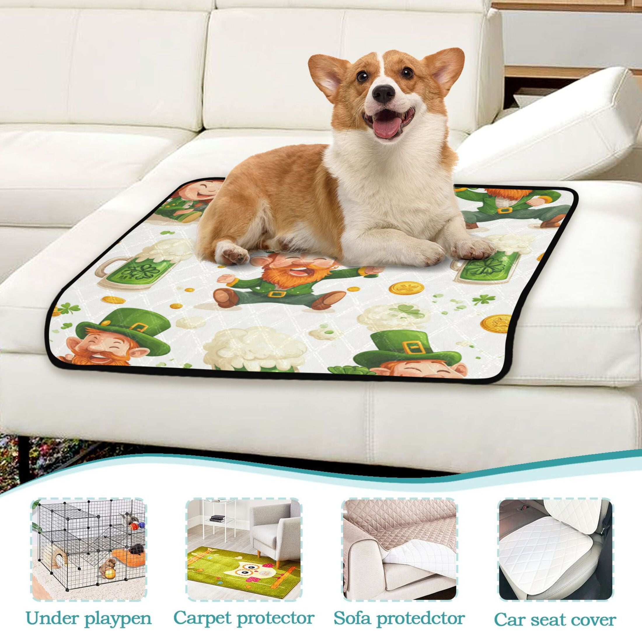 Qxltty St Patricks Pattern with Leprechauns and Green Beer Mugs Cat litter Pads Pet Set of 3 Diaper Mats Center Anti-leakage Layer Absorbent Soft and Comfortable