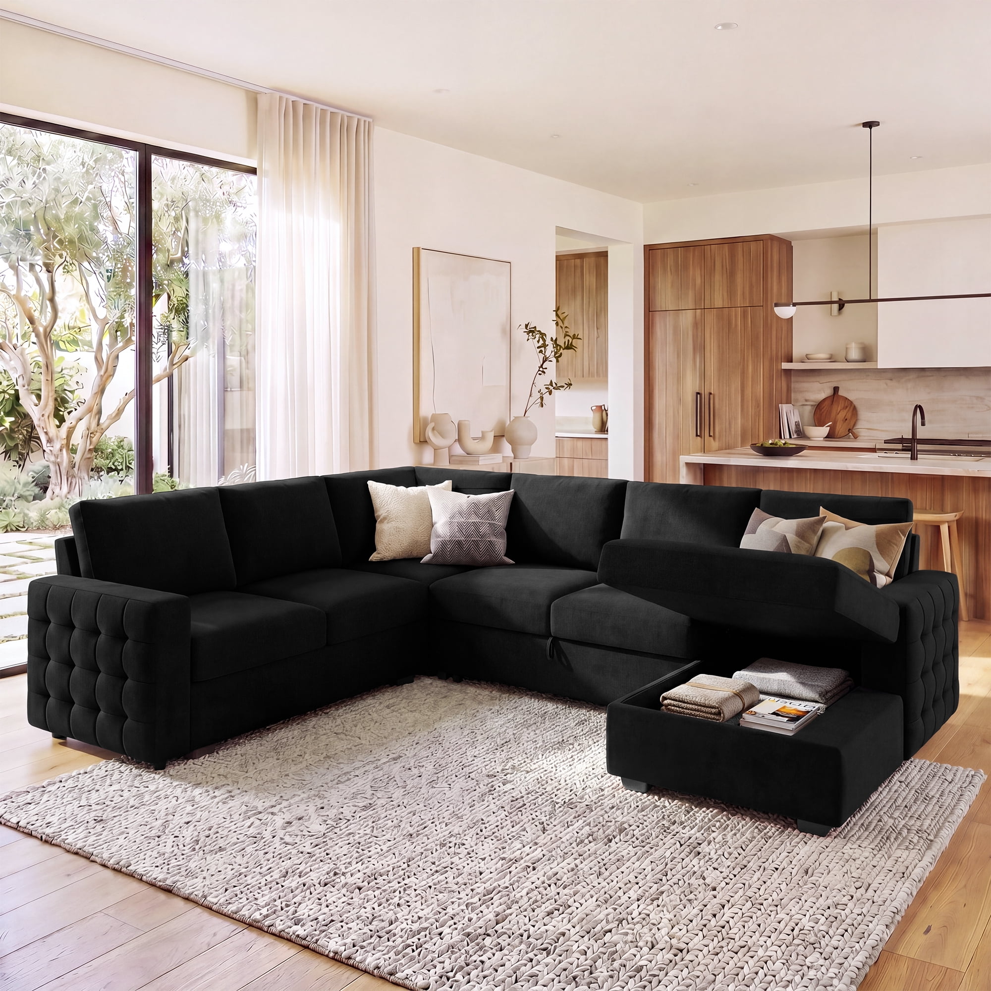 Marrber U-Shaped Sectional Pull Out Sofa Bed  with Storage Chaise Convertible Sleeper Sofa for Living Room, Black