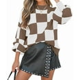 thumbnail image 3 of Women'S Fall Fashion Roll-Neck Long Sleeve Plaid Ribbed Knit Loose Pullover Sweater Tops Camel Checkered M, 3 of 9