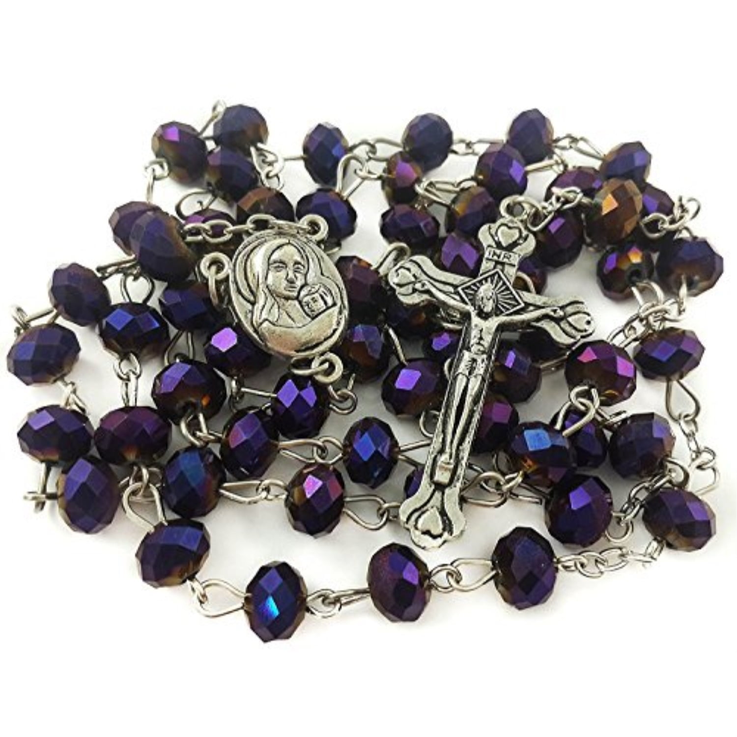 18-Inch Rhodium Plated Necklace with 4mm Light Amethyst Birthstone Beads and Sterling Silver Jerusalem Cross Charm.