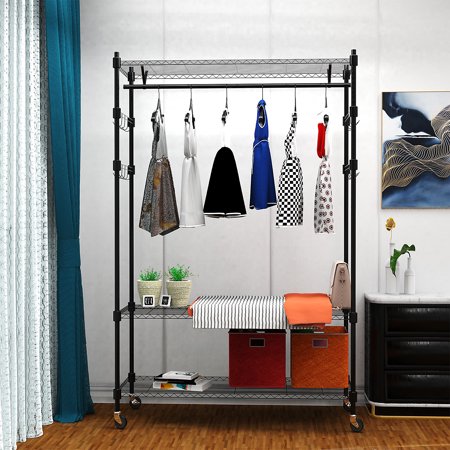 Homdox 420 lbs Clothes Rack Heavy Duty Clothing Garment Rack Adjustable Rolling Portable Closet with Shelves V frame, Freestanding Wardrobe Rack (Black, 1Rod 4Hook)