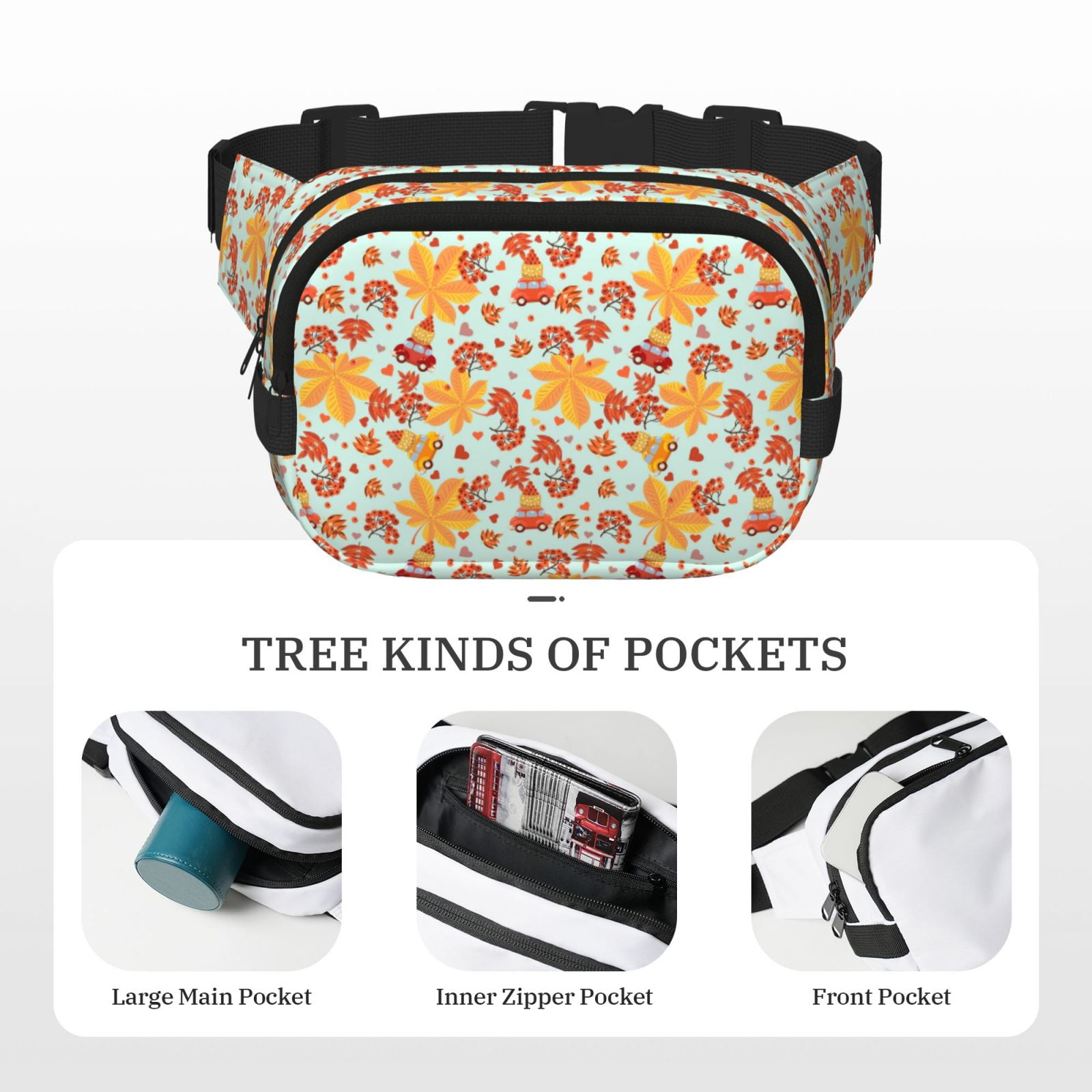 Picia Hearts And Autumn Leaves Print Square Double-Layer Waist Bag Mini Adjustable Waist Belt Bag Exercise Running Travel Hiking