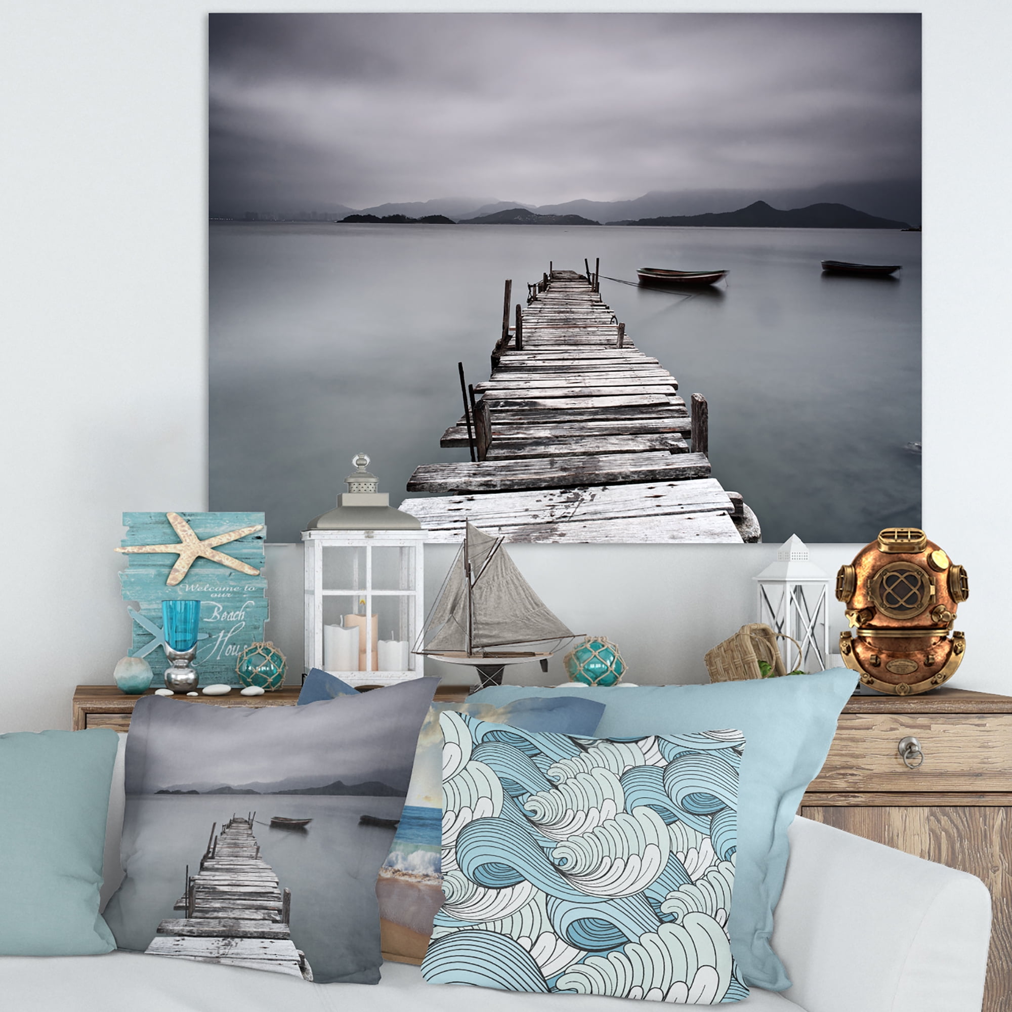 Designart 'Pier and Boats at Seashore ' Bridge Canvas Art Print