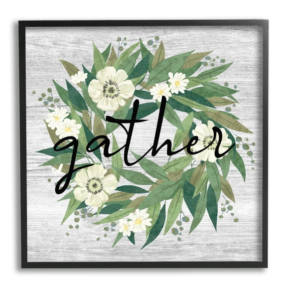 Stupell Industries Gather Calligraphy Flower Wreath Rustic Planked Pattern Graphic Art Black Framed Art Print Wall Art, Design by Ziwei Li