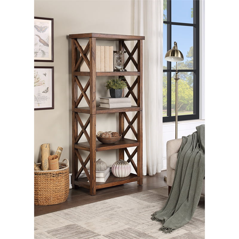 Four Shelf Tall Wood Bookcase Open Back, Oxford Chestnut Storage Open Bookcase
