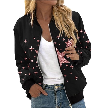 TFEOQRY Women s Star Print Flight Jacket Long Sleeve Zip Up Coat Casual Fashion Fall Winter Outerwear Red-1