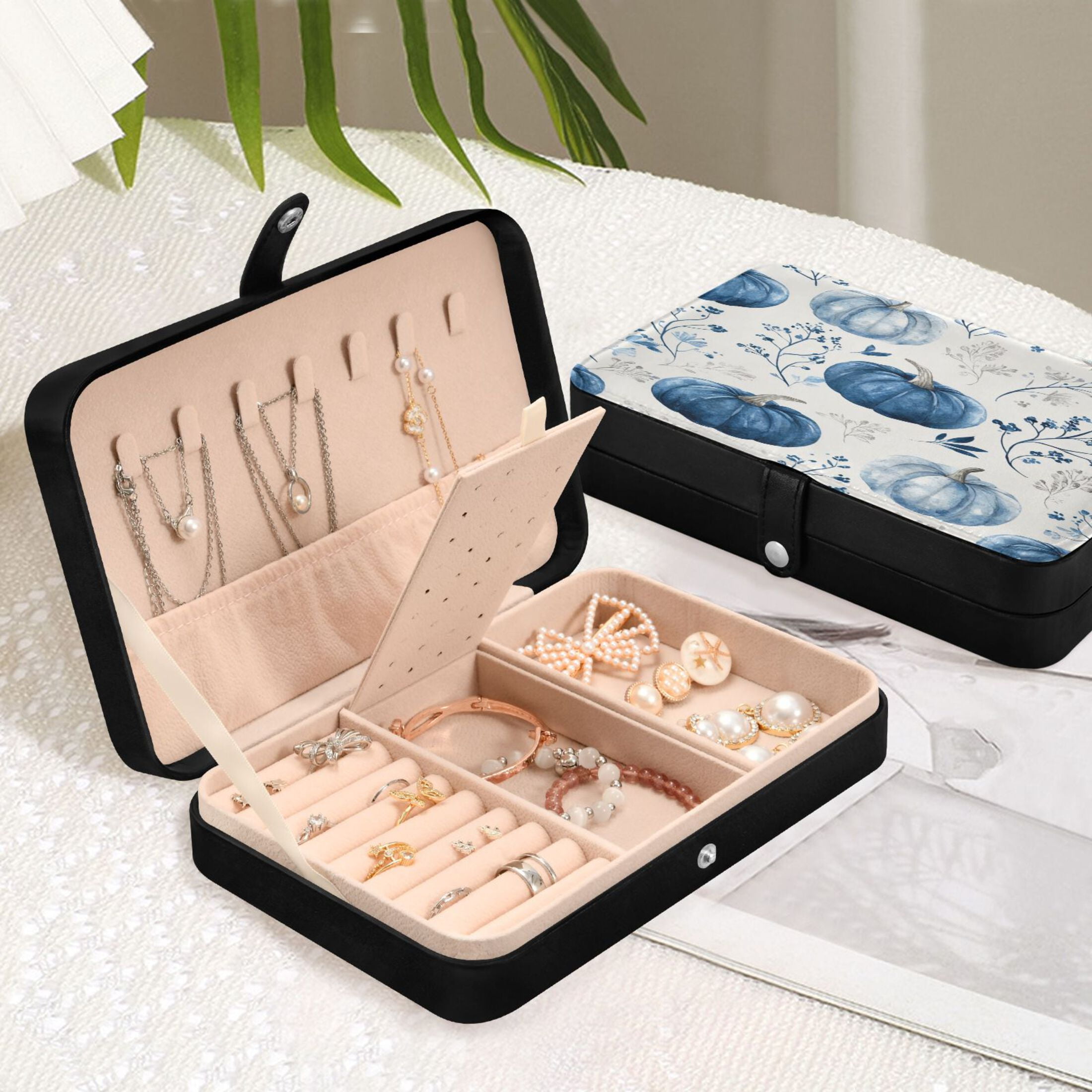 Leather Jewelry Box Travel Jewelry Storage Earrings Necklace Bracelet Watch Brooch Storage Blue Pumpkin