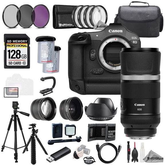 Canon EOS R3 Camera   RF 600mm f/11 IS STM Lens 128GB Ext Bat 9 PC Filtr MEGA Kit (International Version)