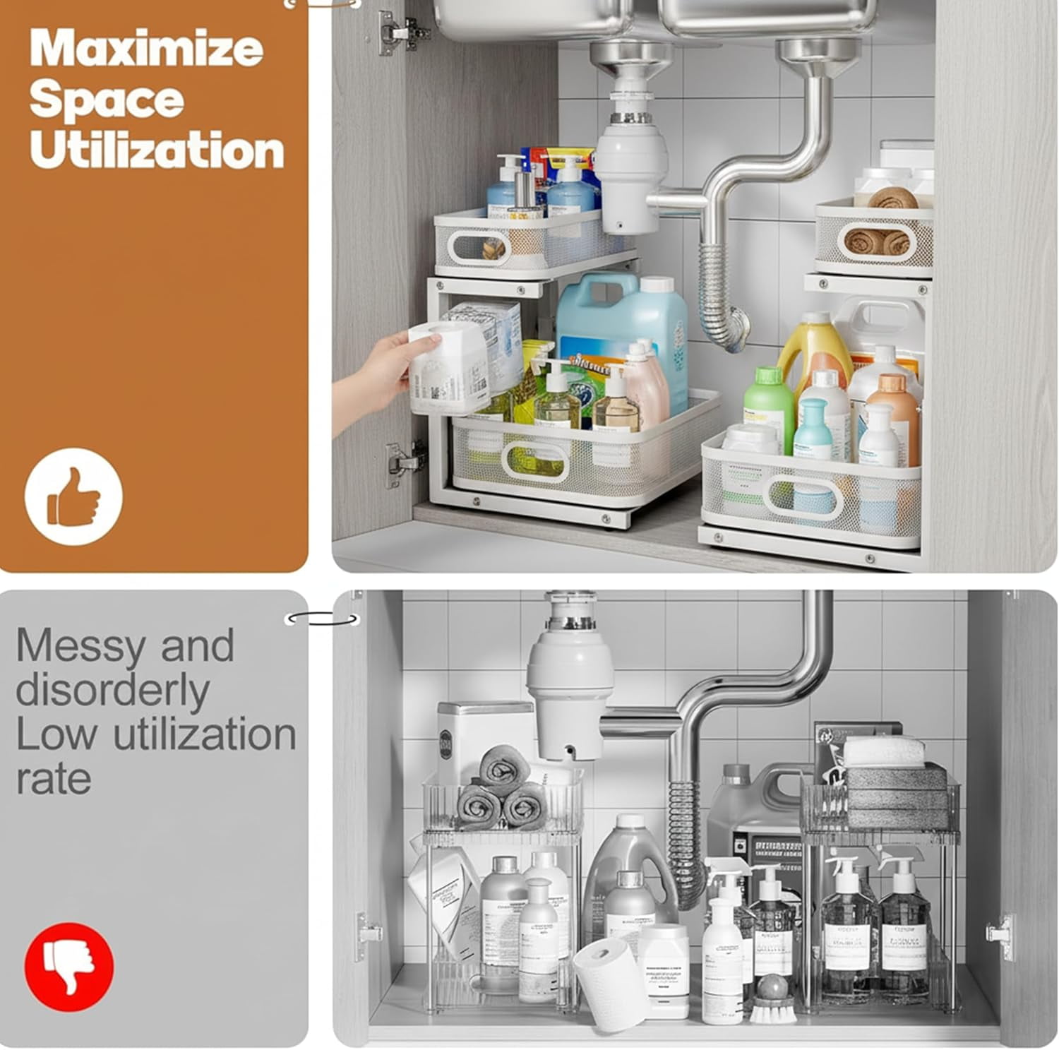 2 Pack Under Sink Organizer, Dual-Layer Pull Out Mesh Cabinet Rack with 5-Level Height Adjustment, Rust-Resistant Sliding Storage for Bathroom & Kitchen, Multi-Purpose 2-Tier Shelf
