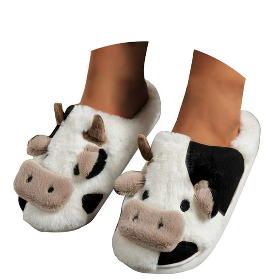 Mepaouo Cow Slippers for Women Cute Animal Cartoon Fuzzy Slippers Soft Plush House Slippers