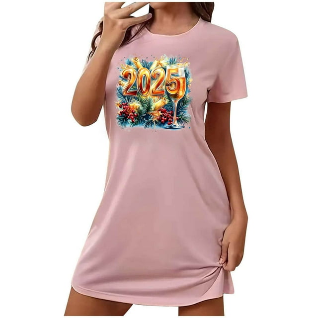 Camisón corto con estampado informal HAPPY YEAR para mujer, falda de dormir corta grande con cuello redondo y manga corta estampada en el pecho.