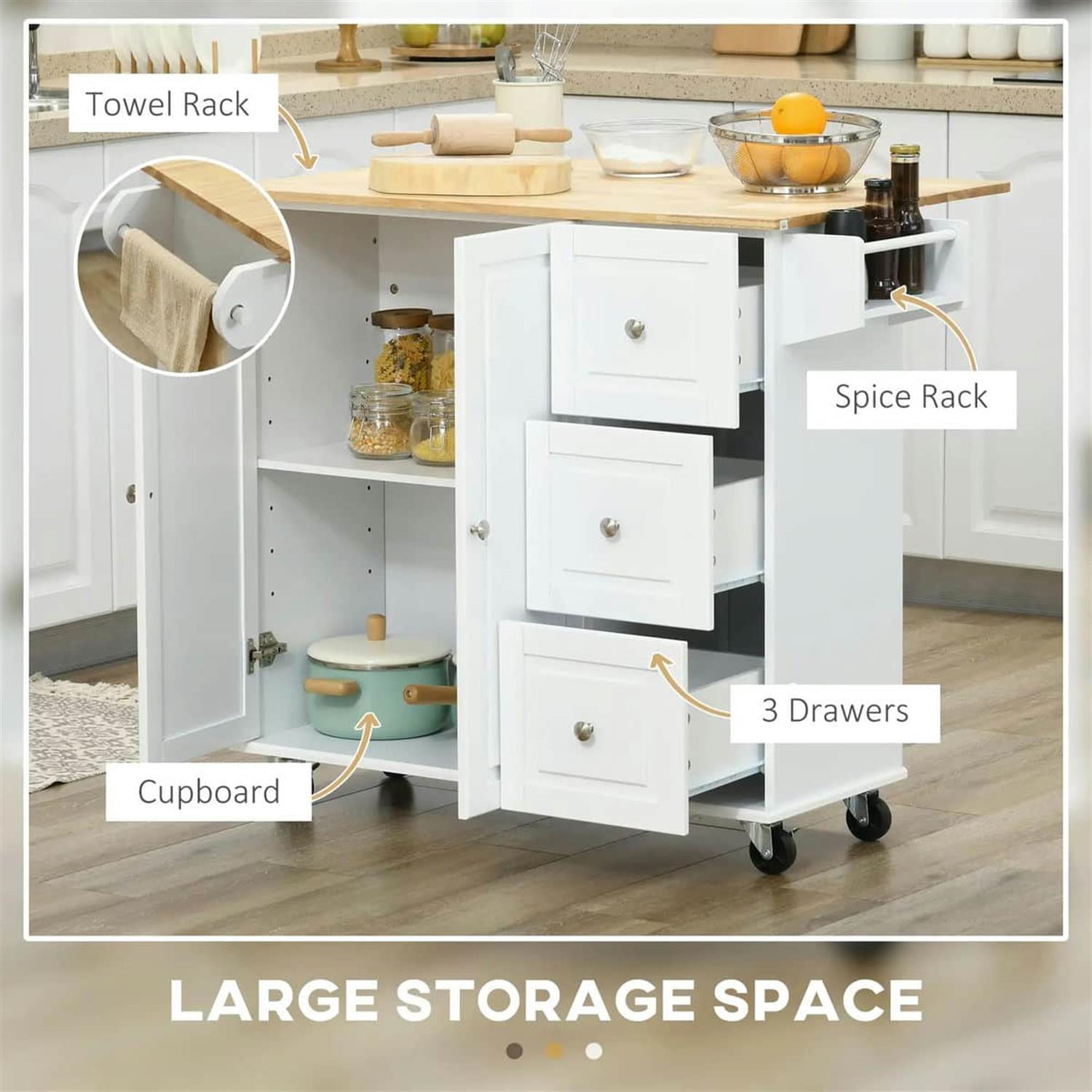 Demi Bonn 45" Kitchen Island with Drop Leaf, 3-Drawer Storage, Spice Rack, Towel Holder, Modern Rolling Cart for Kitchens, White