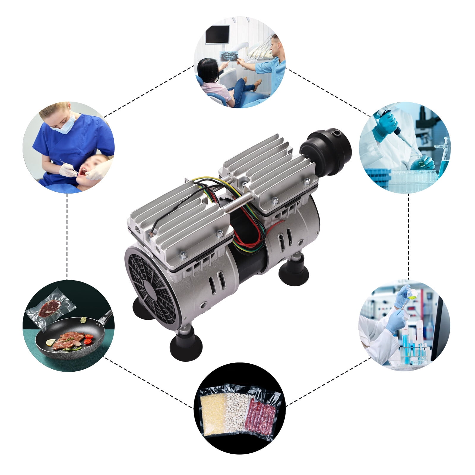 550W 110V Silver Vacuum Pump Oil-Free Industrial Laboratory Vacuum Pump Vacuum Oil-Free Pump with Suction Cup Foot Pads