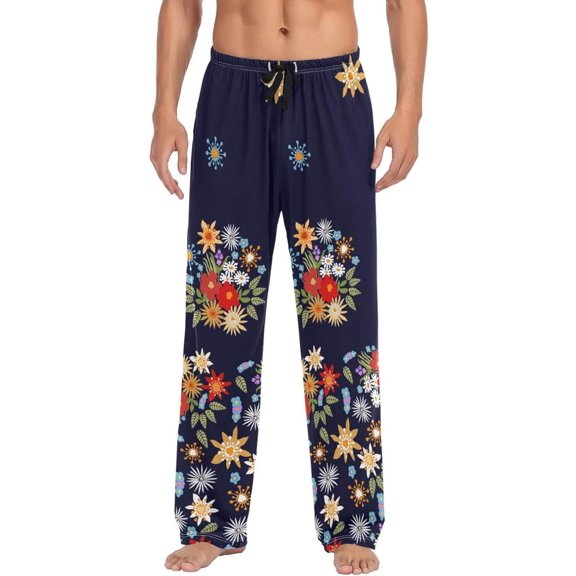 Blue Floral Blossom Flowers Ghost Pajama Pants, Men's Lounge Pants Light with Drawstring and Pockets, Christmas New Year Birthday Father's Day Gifts, Medium