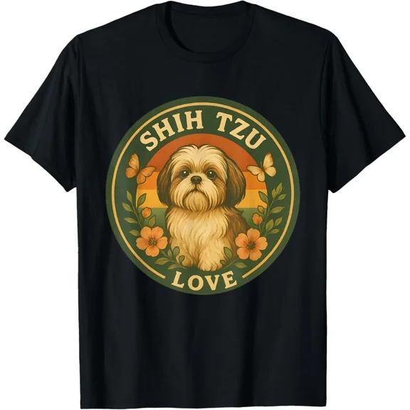Retro Floral Shih Tzu Dog Vintage Shih Tzu Sunset Animal Lover Unisex T-Shirt ,up to size 5XL