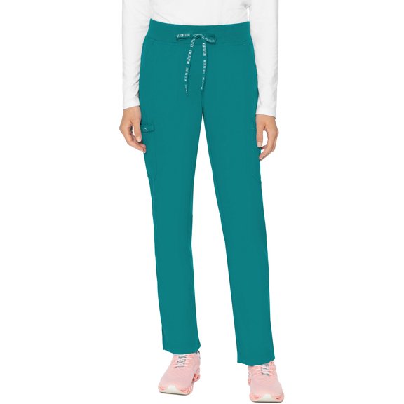 Med Couture Scrub Pants for Women, Jersey Waist Yoga Bottoms, 6 Pockets with Mid Rise Drawstring Waistband MC7725T, XL Tall, Teal
