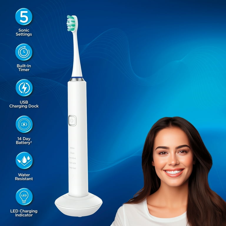Miracle Smile Sonic Toothbrush, 5 Speeds, USB Dock, 6 Brush Heads