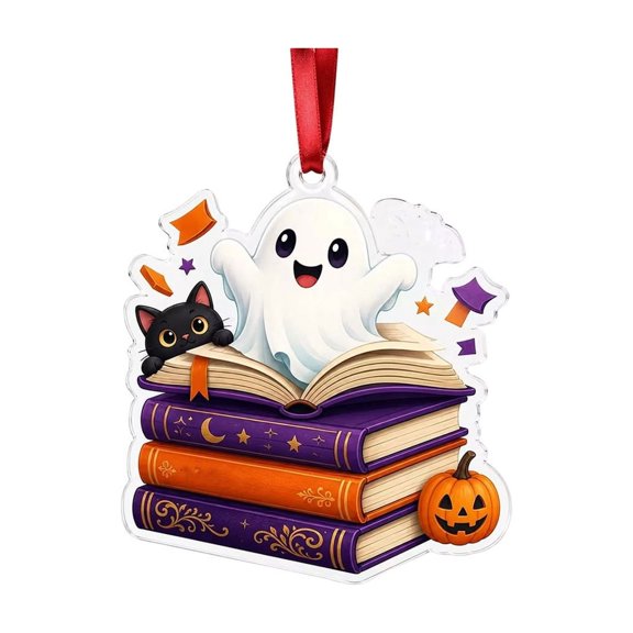 Qiulaii Reading Ghost Acrylic Suncatcher Cute Halloween Hanging Ornament Window Decor Spooky Holiday Keepsake Gift for Halloween Home Decor, (A)