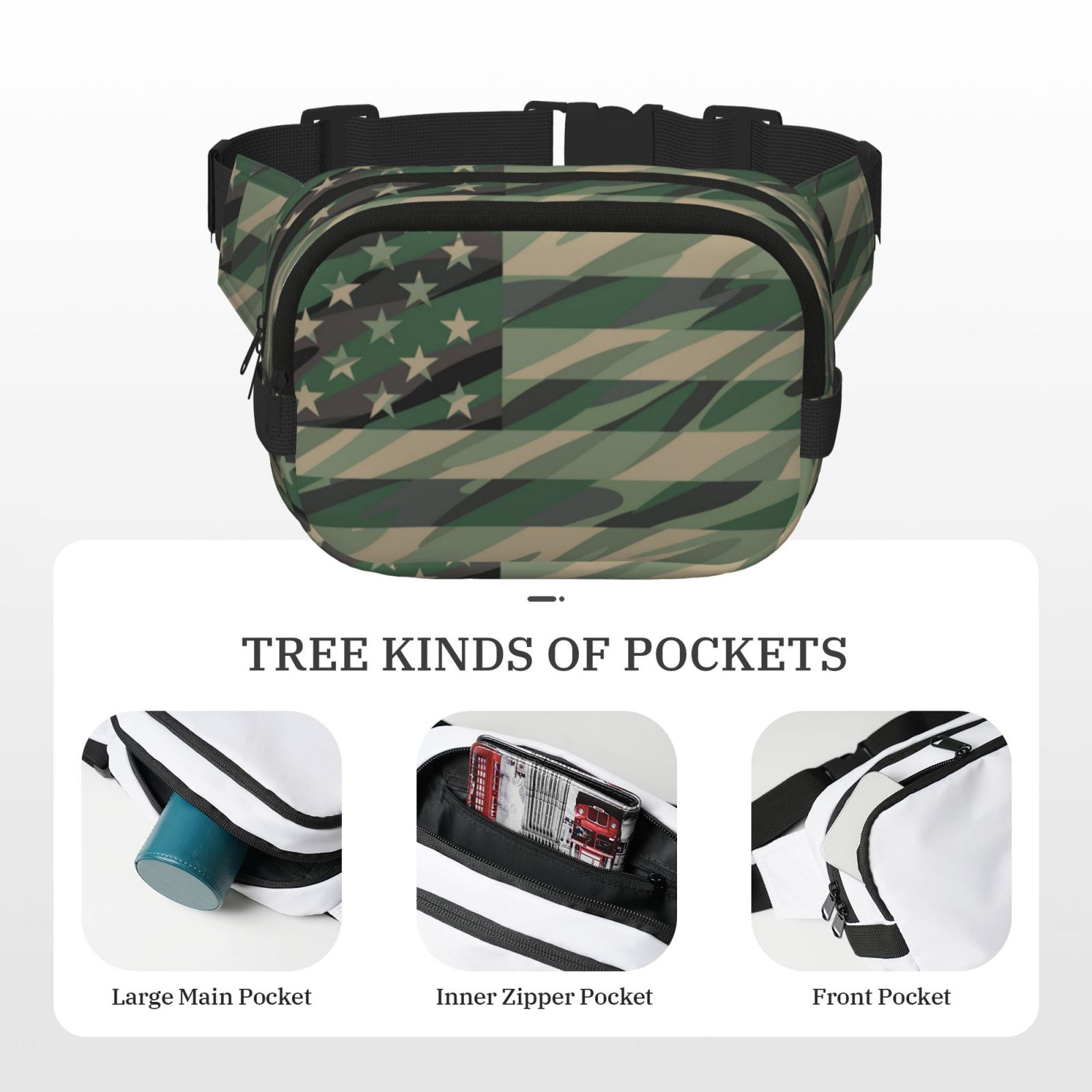 Kdxio Jungle Green Camo USA Flag Crossbody Double Layer Waist Bag Belt Bag for Unisex Fanny Pack Fashion Waist Packs for Hiking Running Shopping Traveling