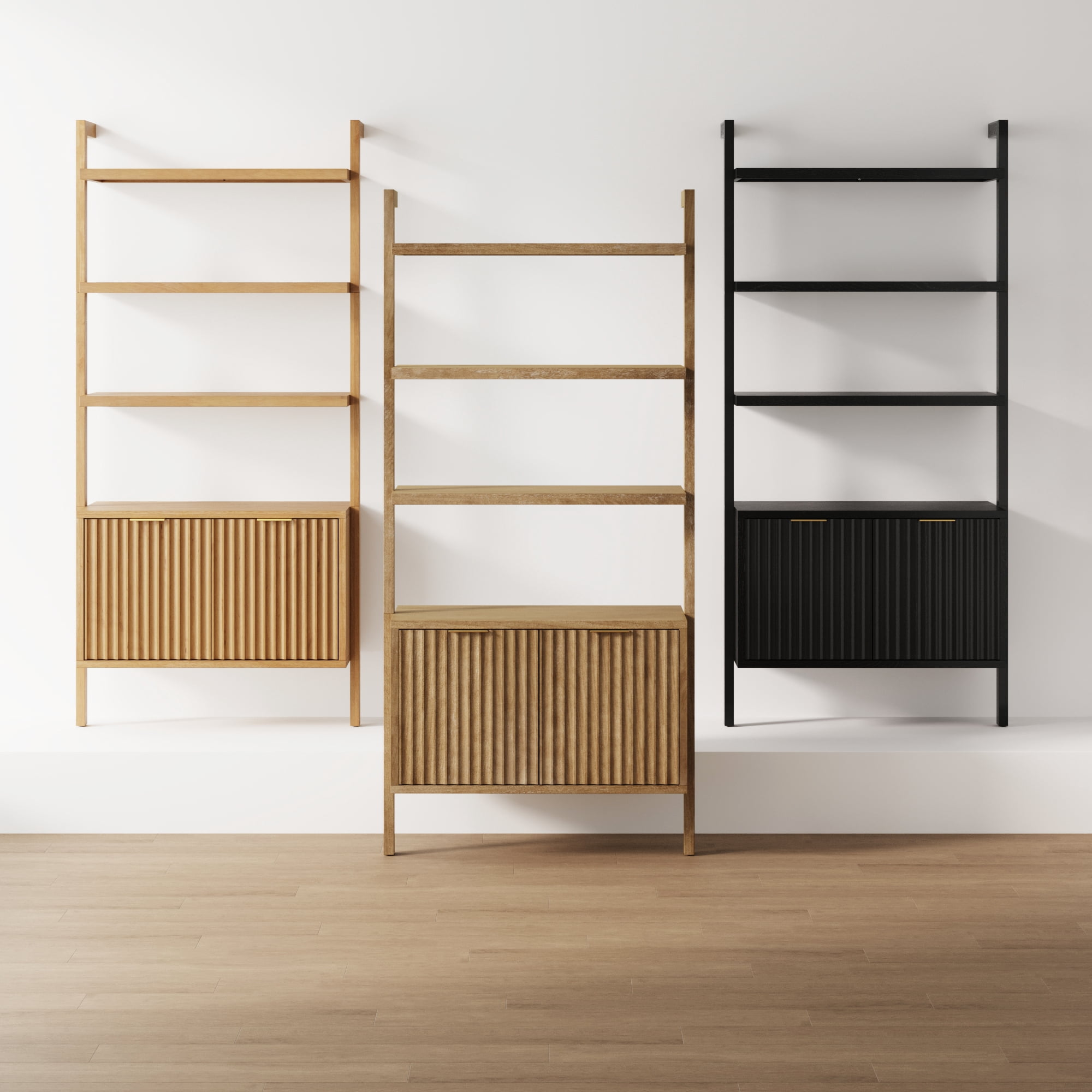 Nathan James Jasper 3-Shelf Solid Wood Boho Bookshelf, Wall Mounted Bookshelf with Cabinet with Fluted Doors, Light Brown