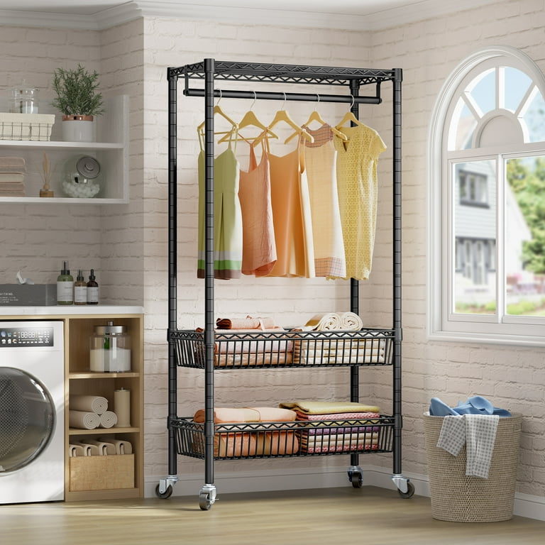 Real Living Matte Black 2-Tier Rolling 4-Wheel Garment Rack