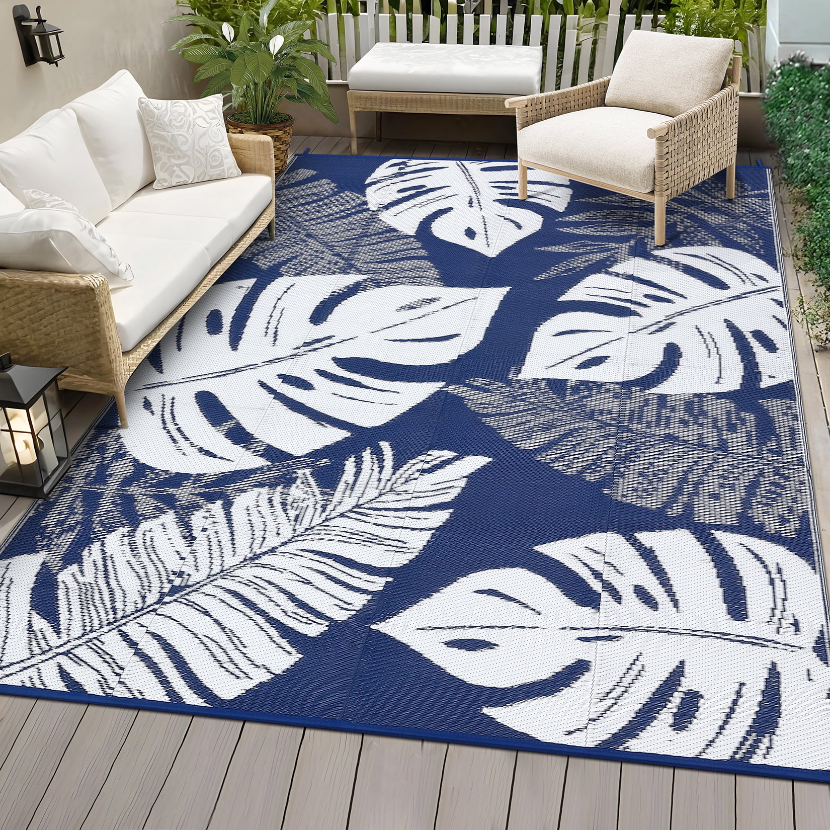 Haperlare 9'x12' Waterproof Outdoor Plastic Straw Rug, Modern Tropical Leaf Woven Carpet Reversible Patio Rug RV Camping Mat, Portable Outside Carpet for Deck Porch Yard Garden Balcony, Dark Blue