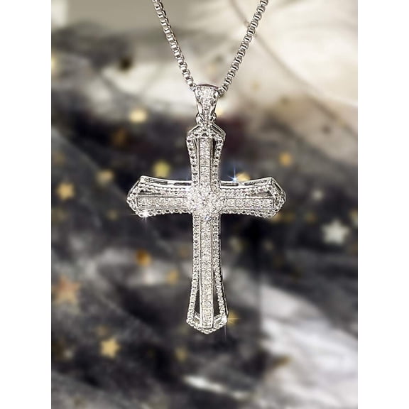 Elegant Cubic Zirconia Cross Pendant Necklace In Silver-2 Finish