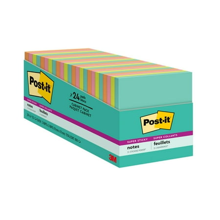 Post-it Super Sticky Notes, 3 x 3 Inches, Miami Colors, 24 Pads with 70 Sheets