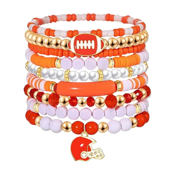 2025 New Game Day Bracelets Set for Women Men Football Bracelets Stack Beaded Stretch Clay Beaded Stretch Bracelets Stackable Sports Charm Bracelet Jewelry Accessories - (F)
