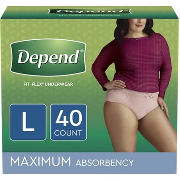Depend Fit-Flex Incontinence Underwear for Women, Maximum Absorbency, Large, Light Pink, 40 Count