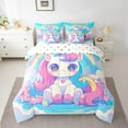thumbnail image 2 of Kawaii Unicorn 7 Pcs Comforter Set Queen Rainbow Bedding Galaxy Stars Sky Clouds Cartoon Dreamy Castle Princess Sheet Set Bed in A Bag Fantasy Love Horse Room Decor Bed Set, 2 of 5